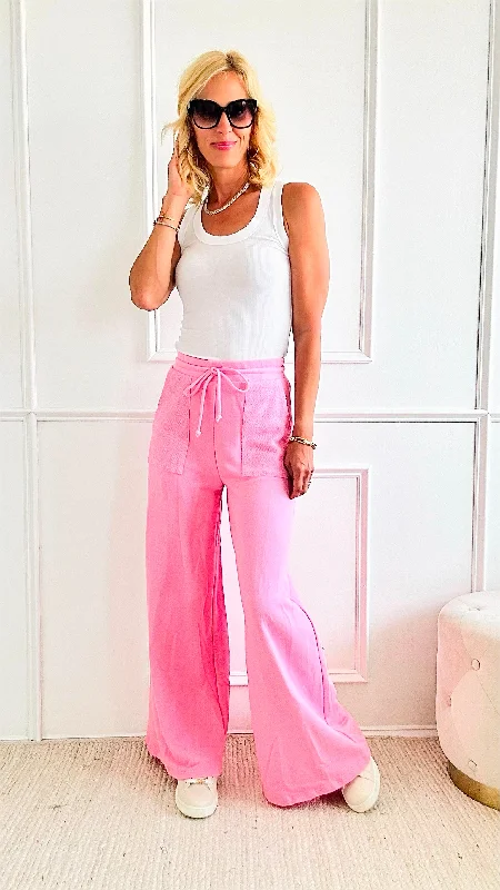 Wide Leg French Terry Pants - Pink