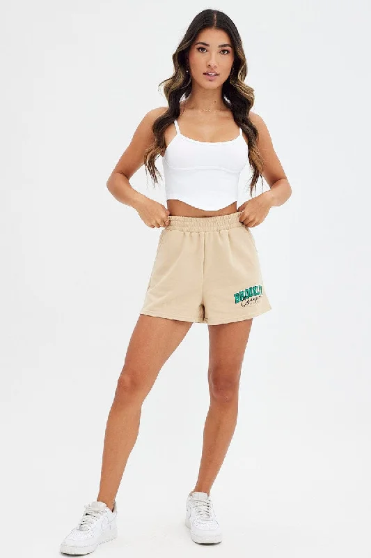 Beige Track Short Brooklyn Slogan High Waist