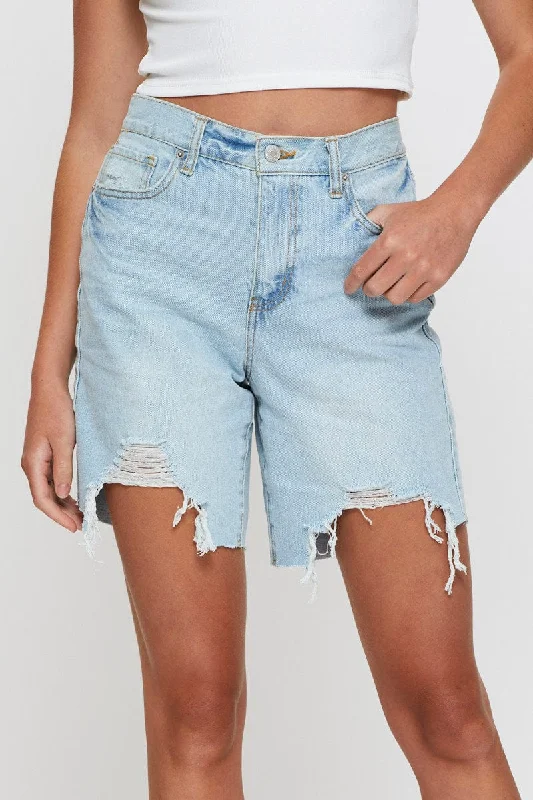 Blue Knee Lenght Denim Shorts High Rise