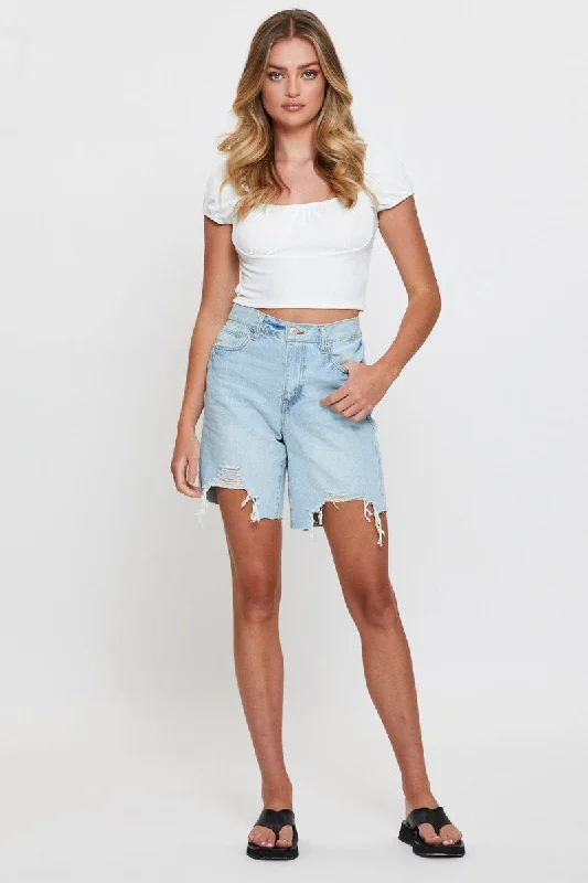 Blue Knee Lenght Denim Shorts High Rise