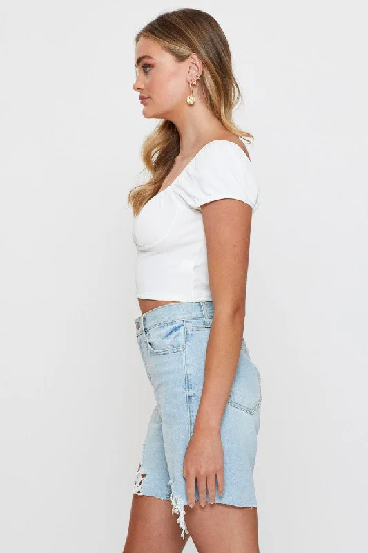 Blue Knee Lenght Denim Shorts High Rise