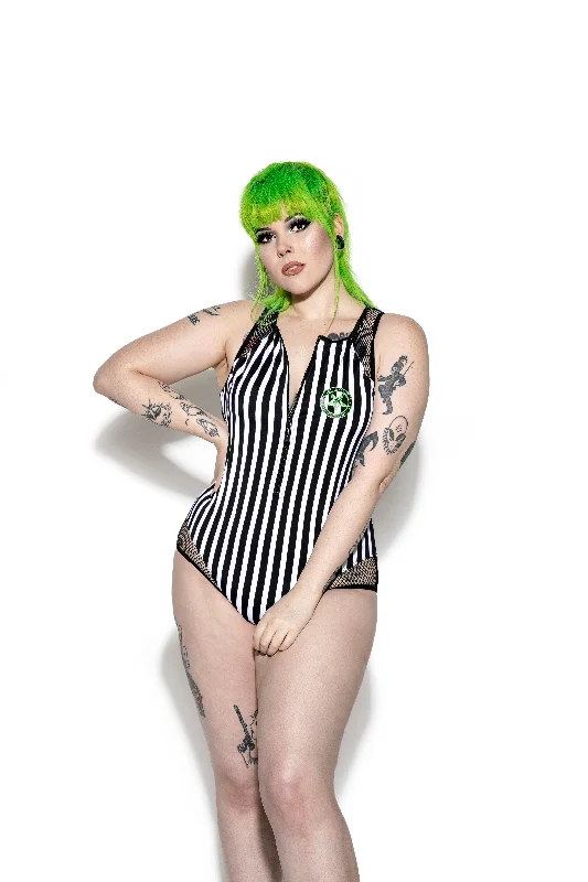 Green Sinner Stripe Zip One Piece