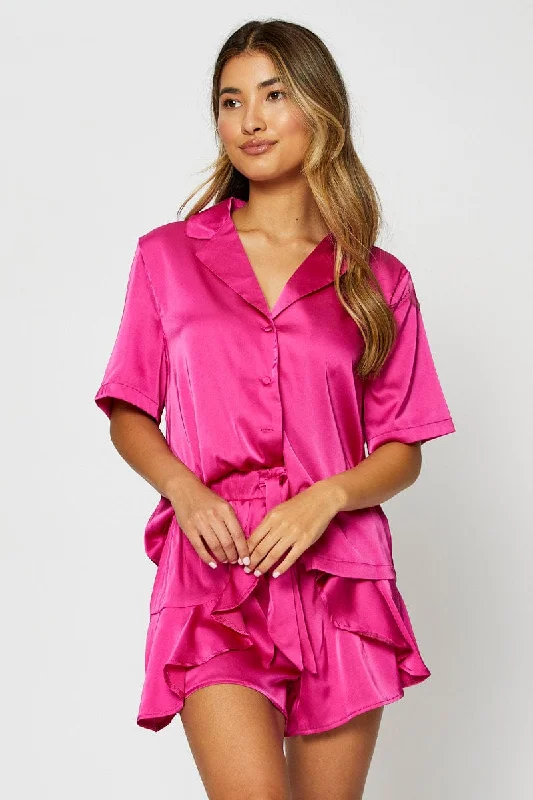 Pink Satin Pajamas Set Short Sleeve