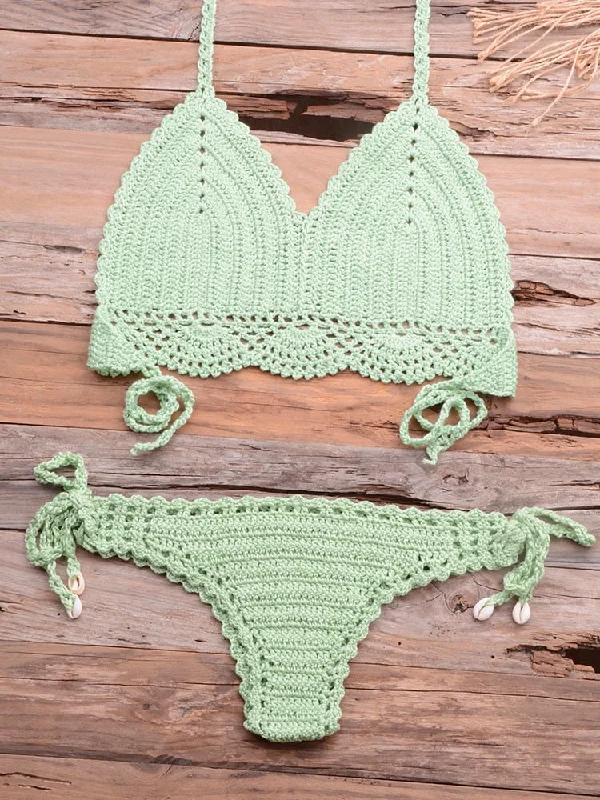 Women's Sexy Solid Pattern Mid Waist Wire Free Crochet Bikini Set