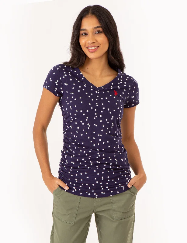 STAR PRINT RUCHED SIDE V-NECK T-SHIRT