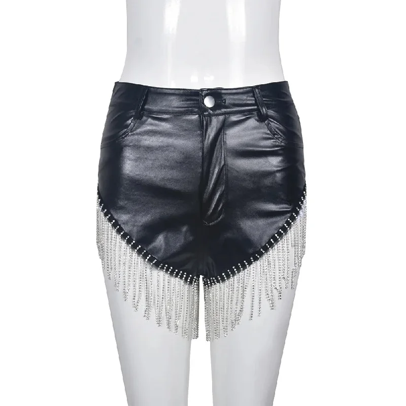 Bomblook ASPT80 Slim Chain Tassel Pu Shorts For Women Leather Shorts Women Shorts Women