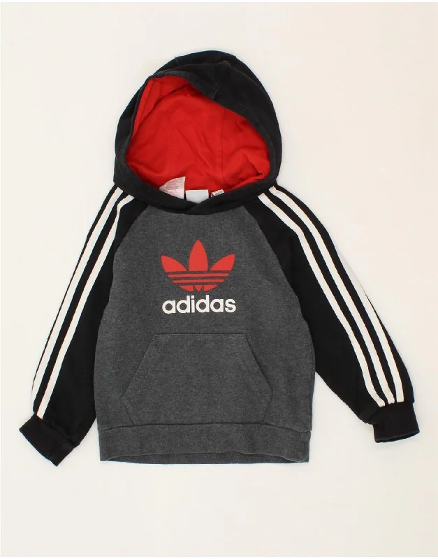 ADIDAS Boys Graphic Hoodie Jumper 4-5 Years Grey Colourblock Cotton