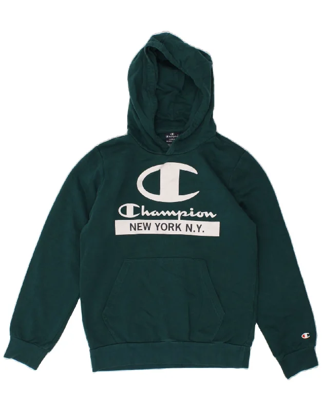 CHAMPION Boys New York City Graphic Hoodie Jumper 11-12 Years Large Green