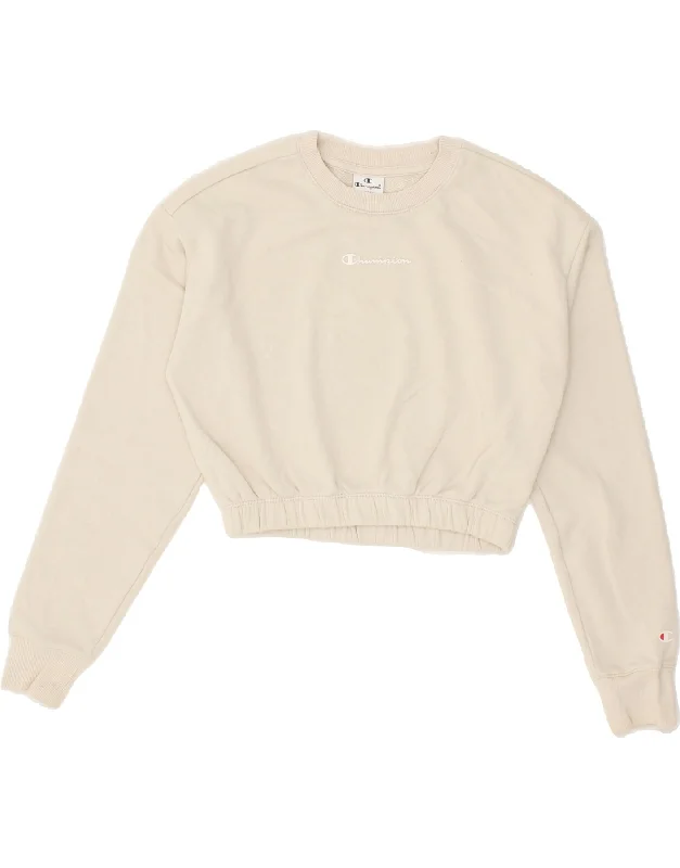 CHAMPION Womens Loose Fit Crop Sweatshirt Jumper UK 10 Small Beige Cotton