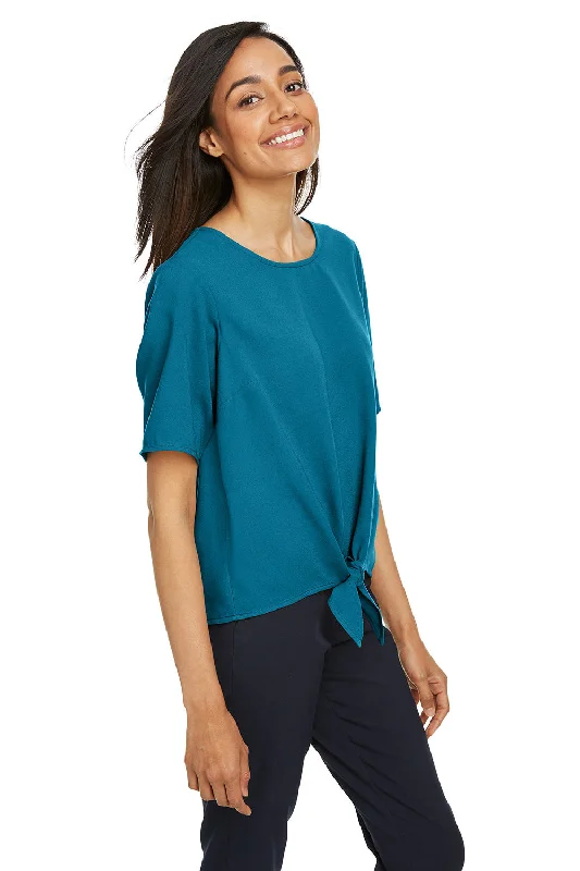 Devon & Jones Womens Perfect Fit Tie Front Short Sleeve Blouse - Dark Teal Blue