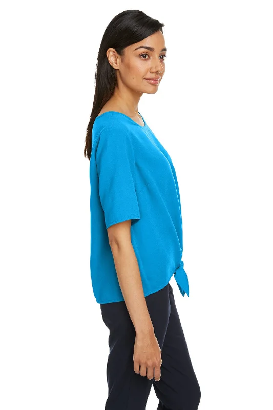 Devon & Jones Womens Perfect Fit Tie Front Short Sleeve Blouse - Ocean Blue