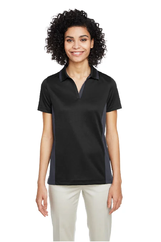 Harriton Womens Flash Performance Moisture Wicking Colorblock Short Sleeve Polo Shirt - Black/Dark Charcoal Grey