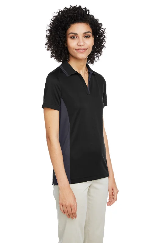 Harriton Womens Flash Performance Moisture Wicking Colorblock Short Sleeve Polo Shirt - Black/Dark Charcoal Grey