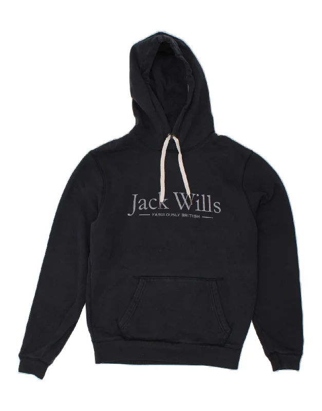 JACK WILLS Mens Graphic Classic Fit Hoodie Jumper Small Navy Blue Cotton