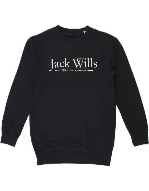 JACK WILLS Womens Graphic Sweatshirt Jumper UK 8 Small  Navy Blue Cotton