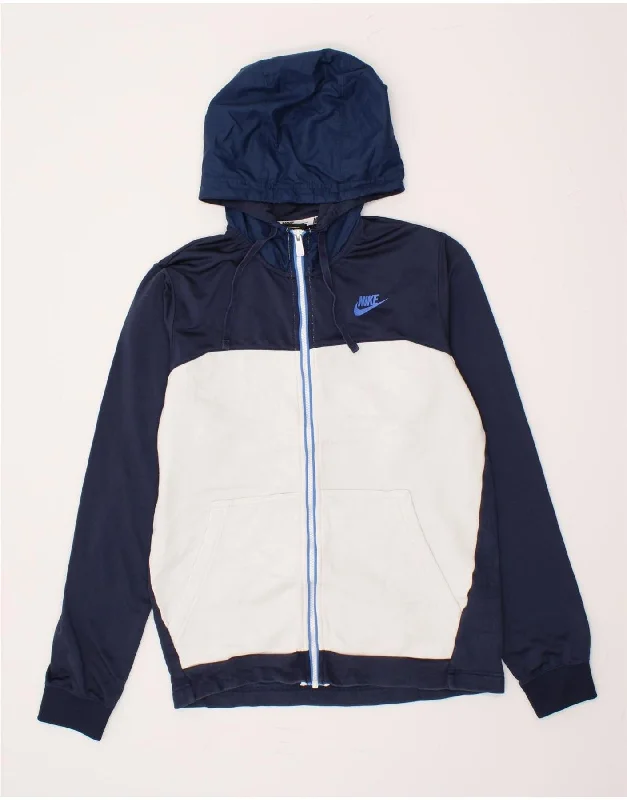 NIKE Mens Graphic Zip Hoodie Sweater Small Navy Blue Colourblock Cotton